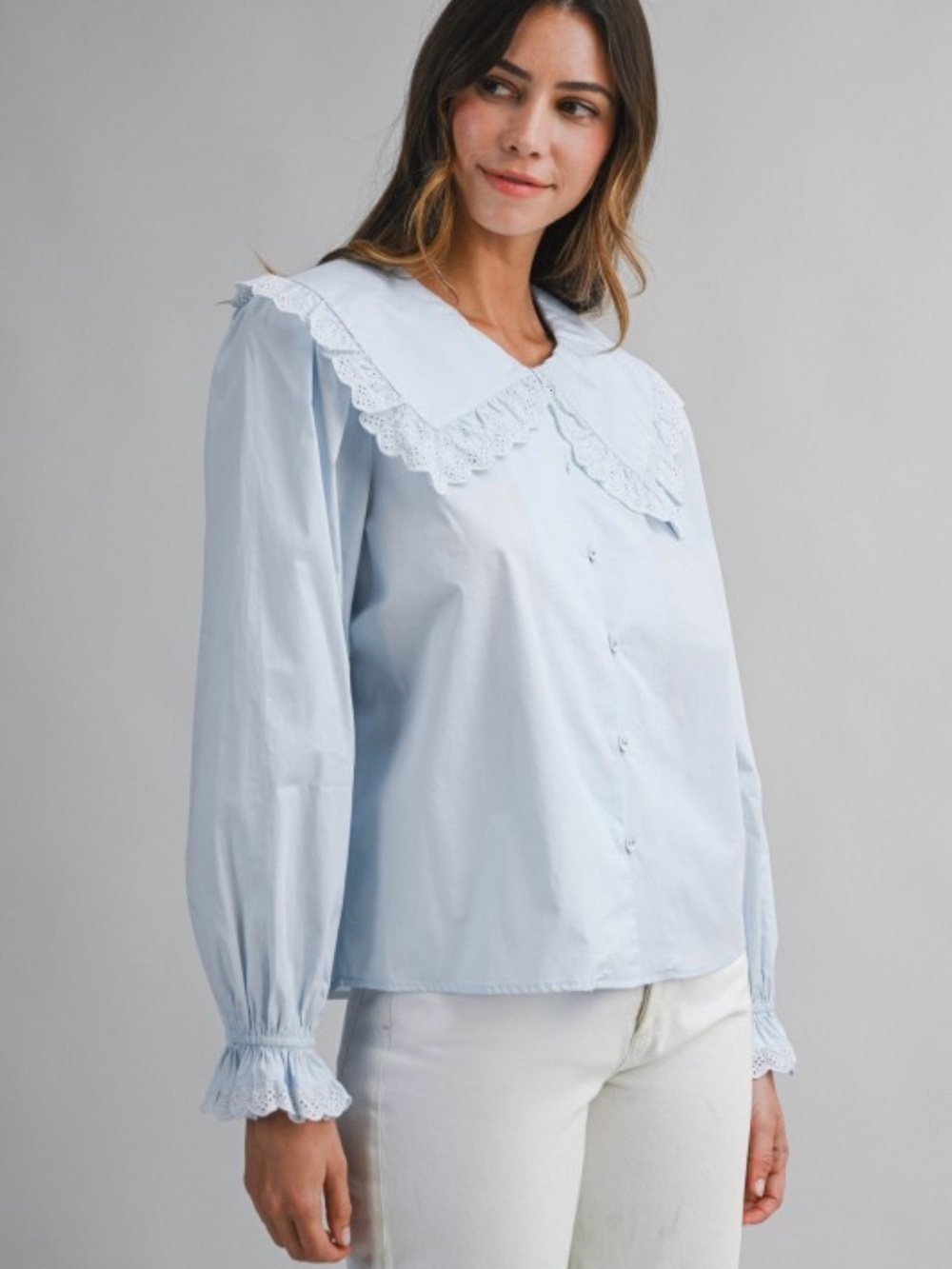 Women's Light Blue Lace-Trim Button-Down Blouse